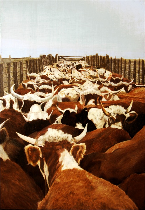 08-Herefords in the Chute II, Edwards Ranch, mixed media on birch wood panel,38x26 inches copy